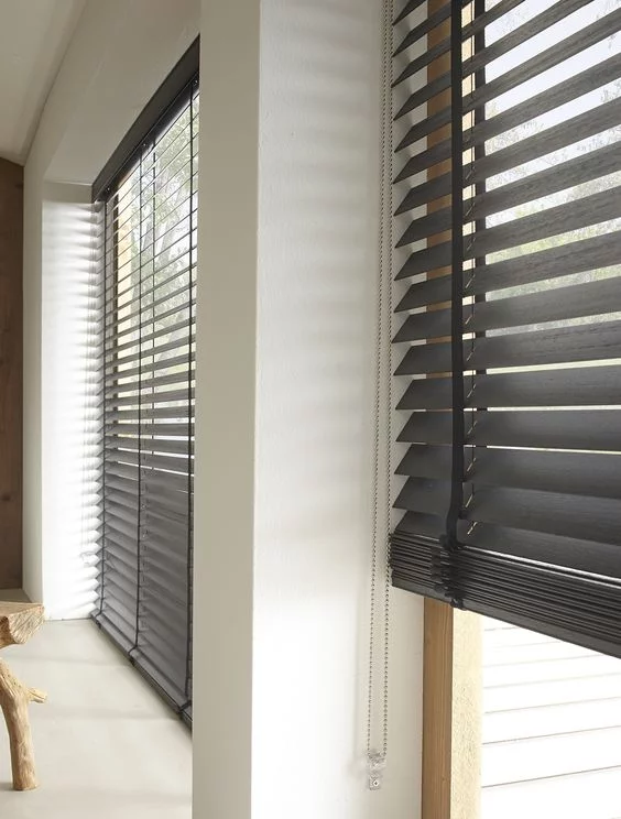 Black wood venetian blinds with tape
