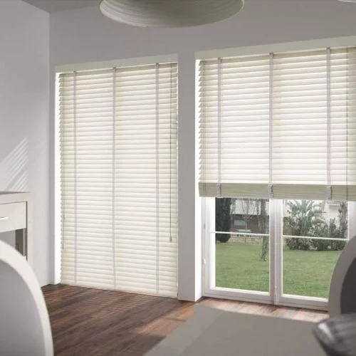 Wide white wood venetian blinds with tape